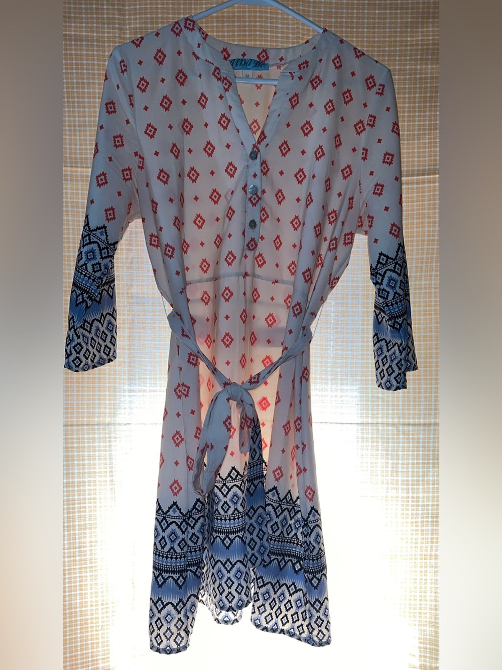 Aina Be White Midi Dress with Red Geometric and Blue Border Print boho aztec hip